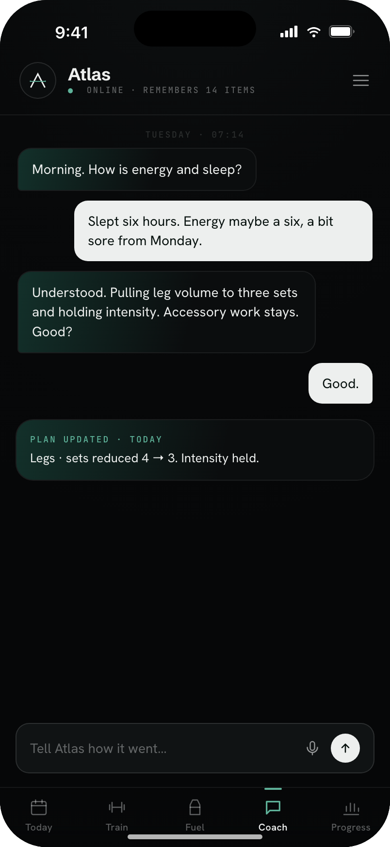 Atlas — Coach: conversational check-in